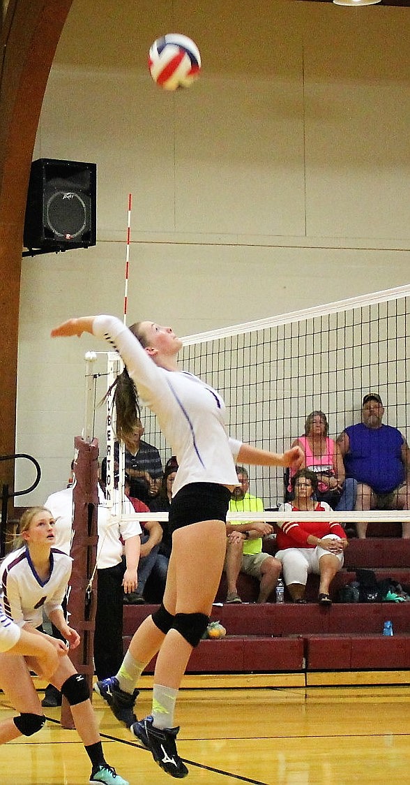 Clark Fork Mountain Cat Montanna Baughman goes in for a block during last week&#146;s games. Baughman was team leader in kills and aces during games last week against St. Regis and Arlee. (Kathleen Woodford/Mineral Independent).