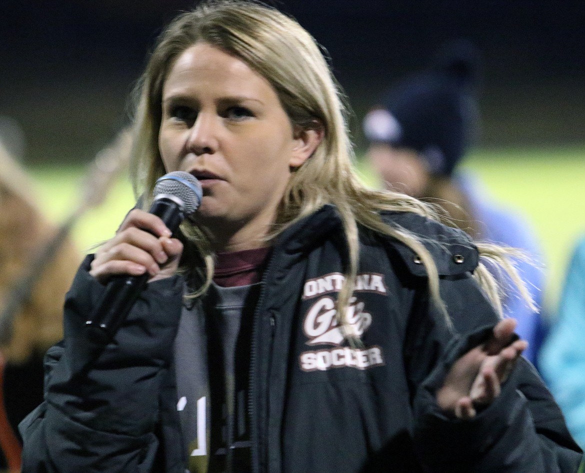 FORMER UNIVERSITY of Montana Lady Grizzlie soccer player Carlee Bates delivers her messages during the Fields of Faith event Wednesday at Polson High School. (photo courtesy of Mike Humphrey)