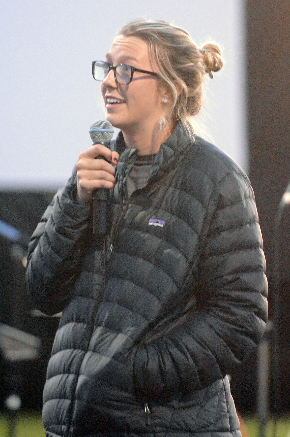 FORMER UNIVERSITY of Montana soccer player Jenna Castillo delivers a message in hopes of inspiring people with her story during the Fields of Faith event. (Jason Blasco/Lake County Leader)