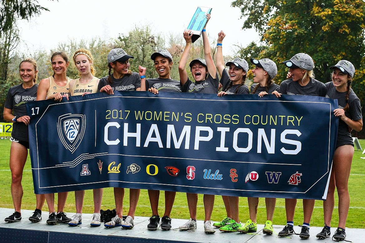 Bigfork grad Makena Morley, far right, and the Colorado women's cross country team celebrate after winning the Pac 12 Conference championship on Friday. (Gary Breedlove photo/University of Colorado)