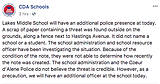 Threatening note found near Lakes Middle School