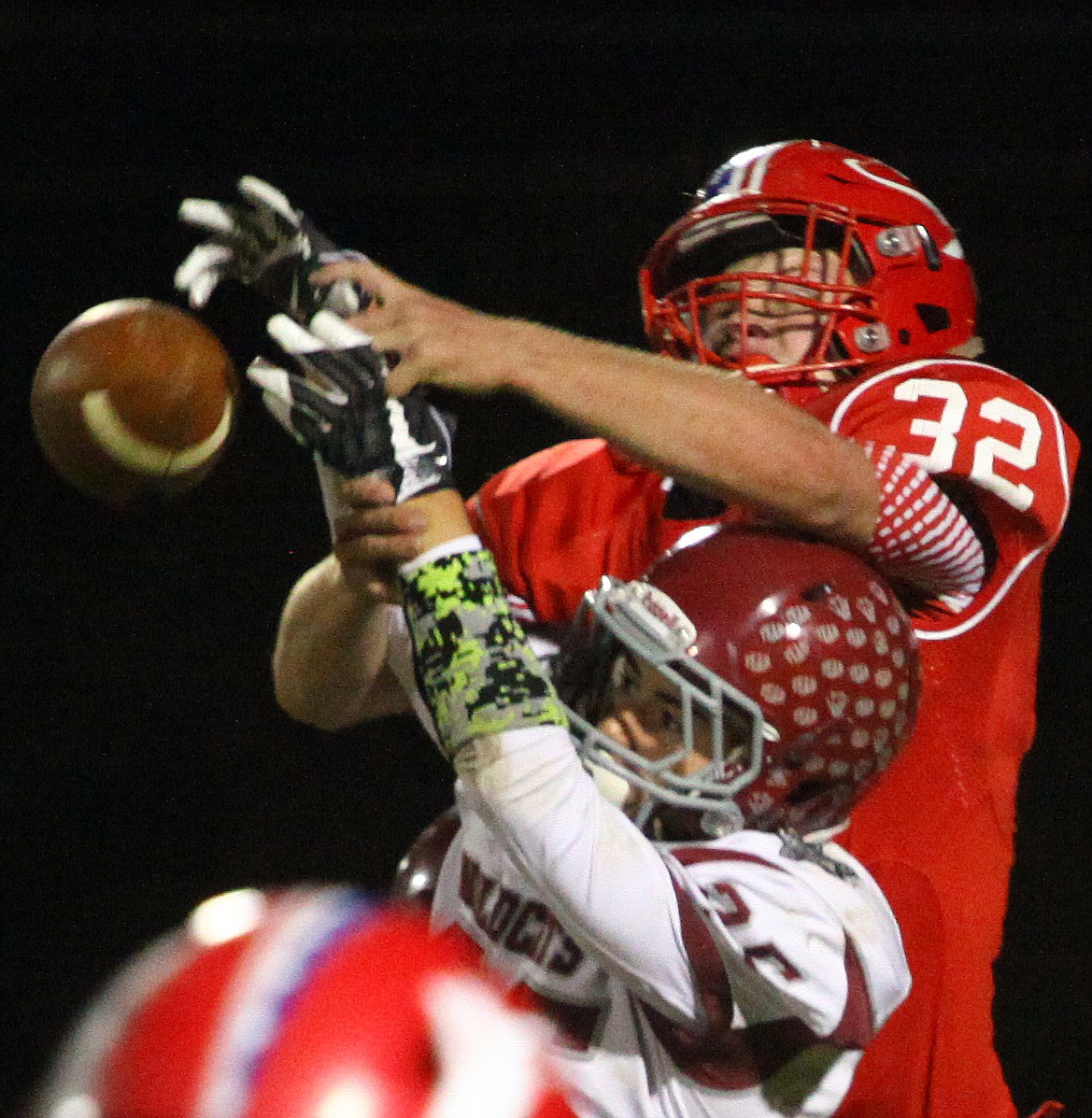 Rodney Harwood/Columbia Basin HeraldOthello receiver Trevor Hilmes (32) had to turn defender on this pass over the middle against the Toppenish defense Friday night.