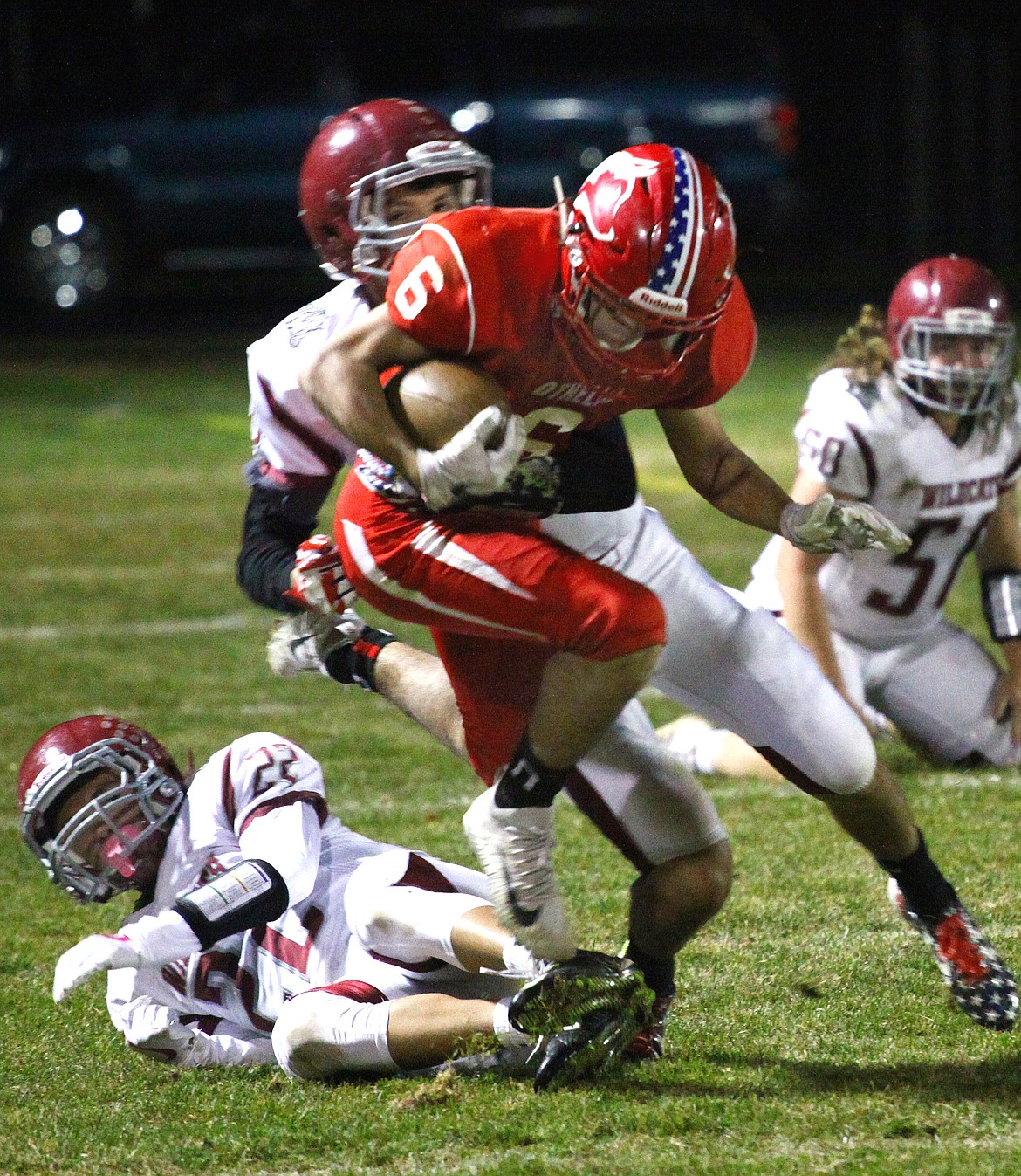 Rodney Harwood/Columbia Basin Herald
Othello punt returner Patrick Azevedo (6) brings the ball back during CWAC action against Toppenish Friday night.