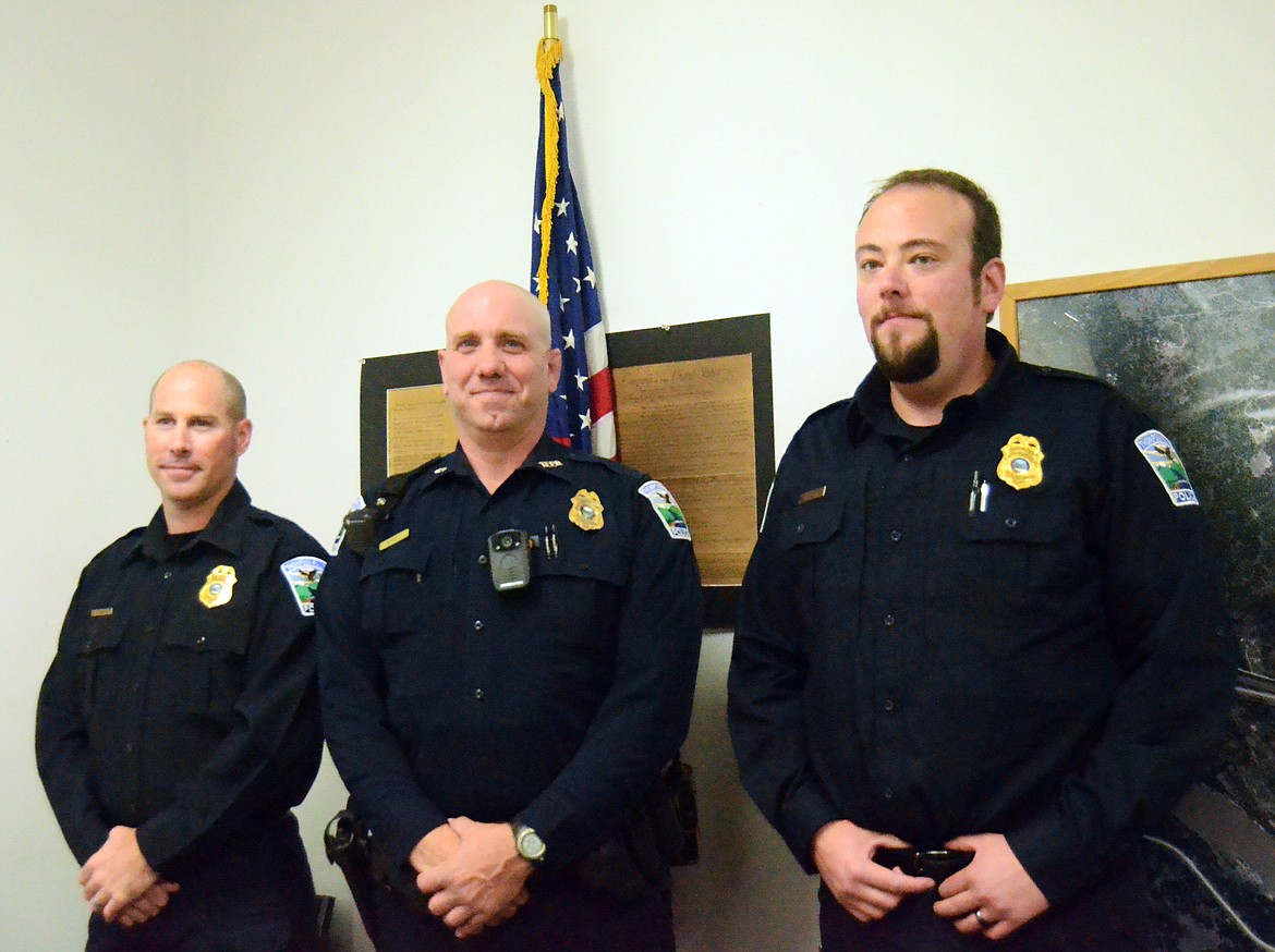 From left, new Thompson Falls Police officer Luke Hauke, Police Chief Chris Nichols and officer Jacob Winslow. (Erin Jusseaume/ Clark Fork Valley Press)