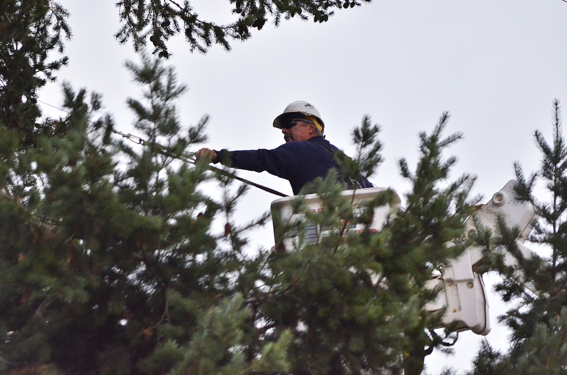 NorthWestern Energy lineman Lloyd Rice gets a power line spliced and back working on Central Avenue in Plains on Oct. 17. (Erin Jusseaume/ Clark Fork Valley Press)