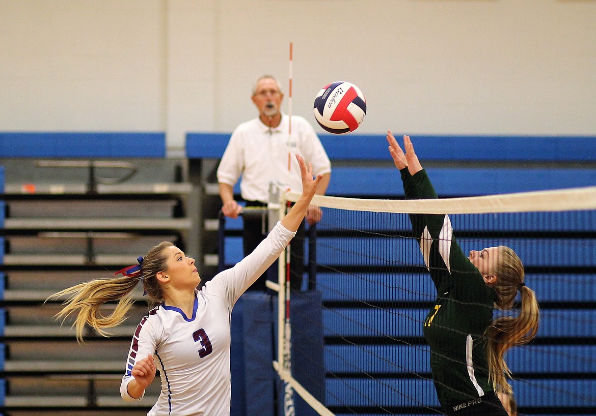 Clark Fork Mountain Cat, senior Kenzie Mueller takes the ball to the net against Lincoln during Saturday&#146;s matchup for the win. The Cats go into 13C Districts in first place. (Kathleen Woodford/Mineral Independent).