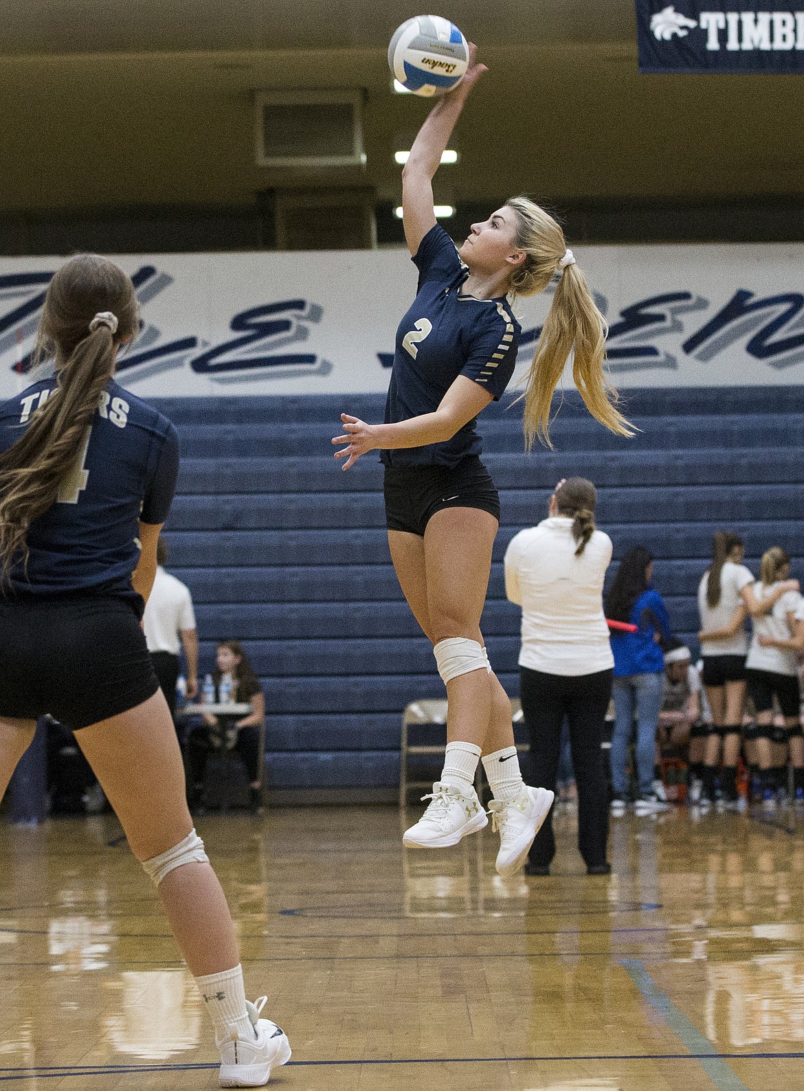 LOREN BENOIT/Press
McKeeley Tonkin of Timberlake sends the ball over the net during the opening round of the state volleyball tournament last Friday.