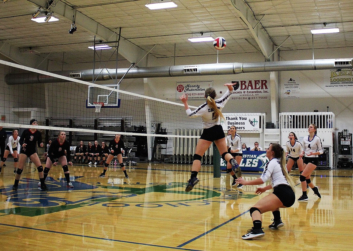 Mountain Cat Kathryn Parkin jumps for a return during a district game against Darby at Valley Christian School in Missoula on Friday. Clark Fork won the game 25-21, 27-25, 18-25, 26-24. (Kathleen Woodford/Mineral Independent)