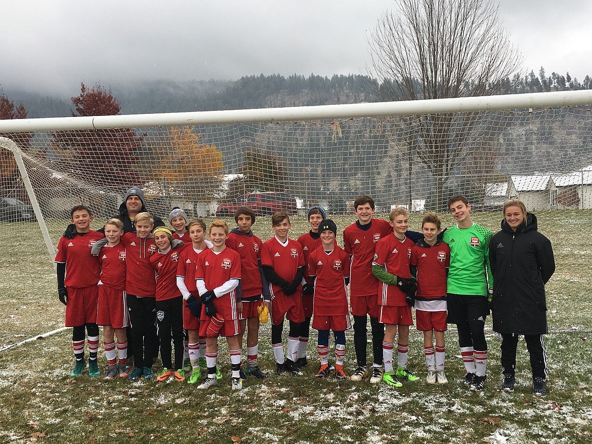 Courtesy photo
The Sting Timbers FC &#146;05 boys red soccer team ended the fall season with a 4-1 win on Saturday, against FC Spokane - Cooper at Canfield Middle School. Sting goals were scored by Cooper Prohaska, Landon Lee, Nate Wyatt and Caden Thompson, and Miles Taylor had five saves in goal. The Sting ended PSPL Premier fall league play with a 6-3-1 record. Pictured from left are Cooper Prohaska, Blaine Leonard, head coach Mike Thompson, Logan Haynes, Chet Hanna, Gunner Larson, Christopher Mongan, Caden Thompson, Luke Orozco, Jayce Simmet, Jacob Ukich, Nate Wyatt, Ashton Ukich, Isaac Fritts, Landon Lee, Miles Taylor and assistant coach Chloe Teets.