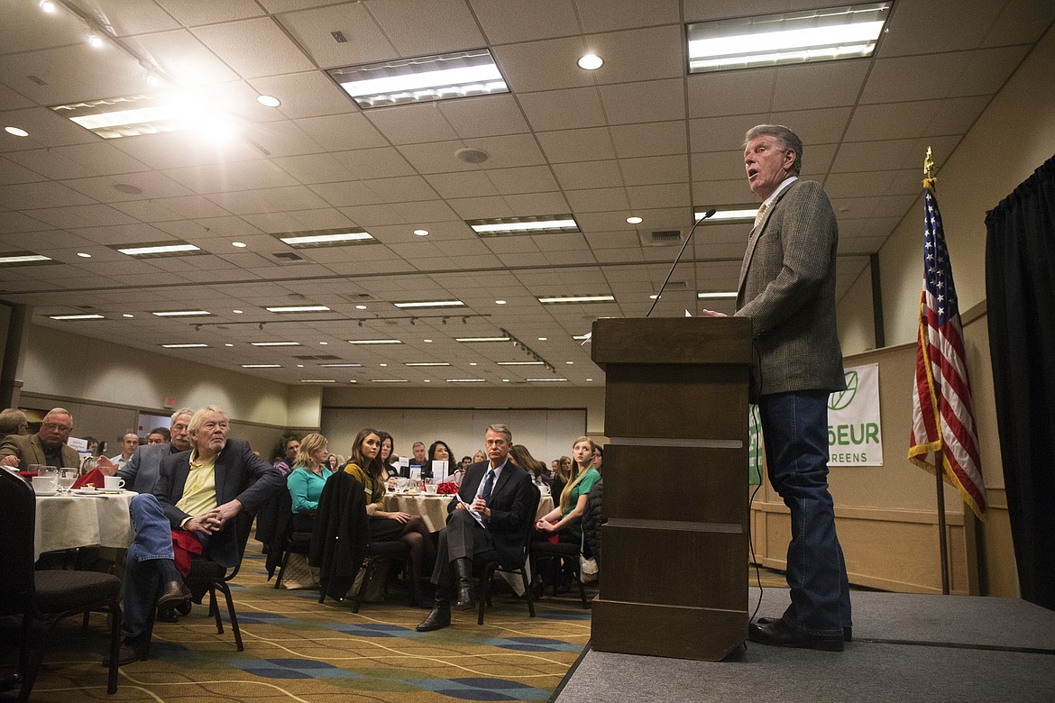 Idaho Gov. Butch Otter speaks to 249 Coeur d'Alene Chamber of Commerce members at his lunch speech at the Best Western Plus Coeur d'Alene Inn on Wednesday. (LOREN BENOIT/Press)