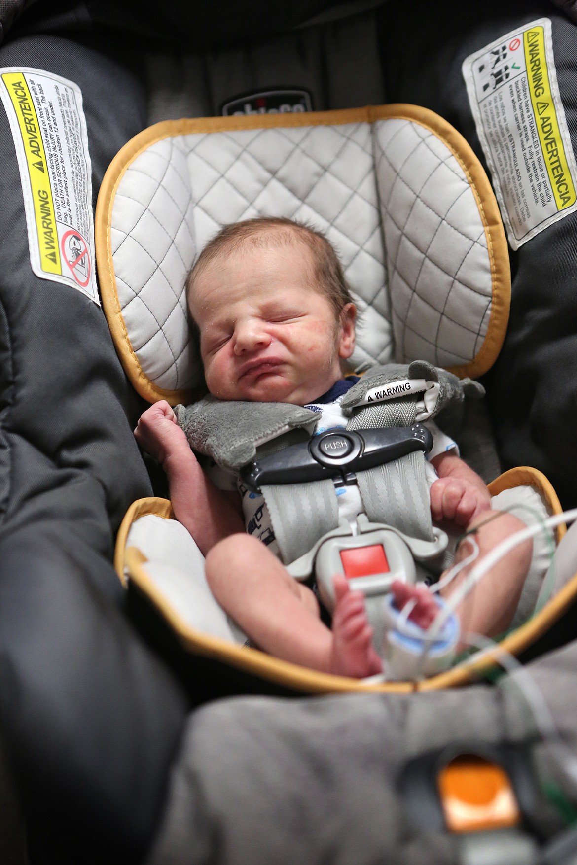 Jedidiah Hall undergoes a carseat test at Kalispell Regional Medical Center&#146;s NICU on Wednesday morning. Hall weighs in at 5 pounds, 12 ounces and was born prematurely at 35 weeks and two days. (Mackenzie Reiss/Daily Inter Lake)