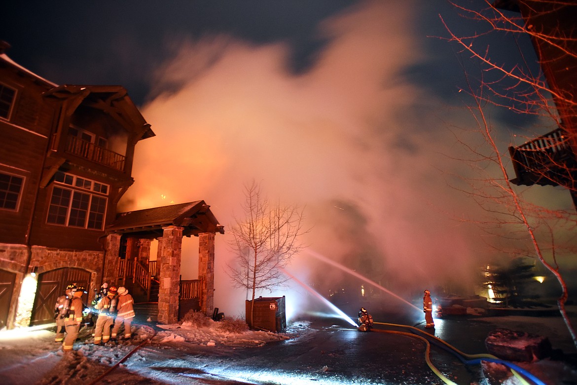 A townhouse on Big Mountain was totally destroyed and another townhouse was damaged during a massive fire Thursday night, November 2.(Brenda Ahearn/Daily Inter Lake)