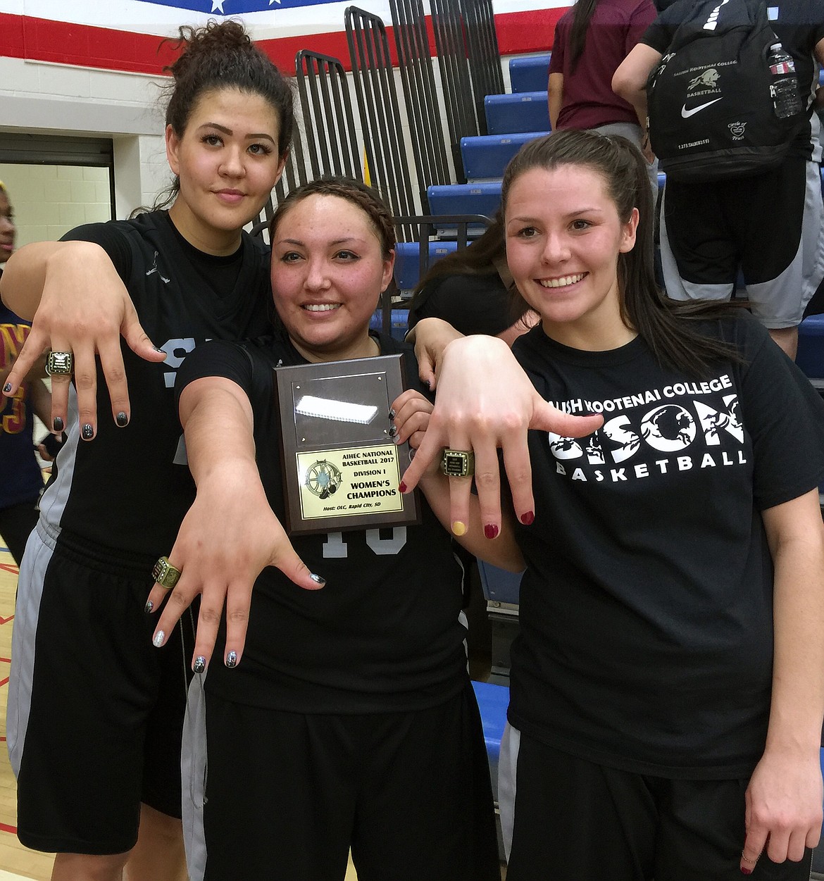 SALISH KOOTENAI COLLEGE players Braylee Stone, Shanelle Skunkcap and Whitney Malatare all showcase their big accomplishments after the team captured its fifth-ever AIHEC National Tournament. The three players will be key returners in SKC's quest to defend their AIHEC National Championship. (photo courtesy of Juan Perez)