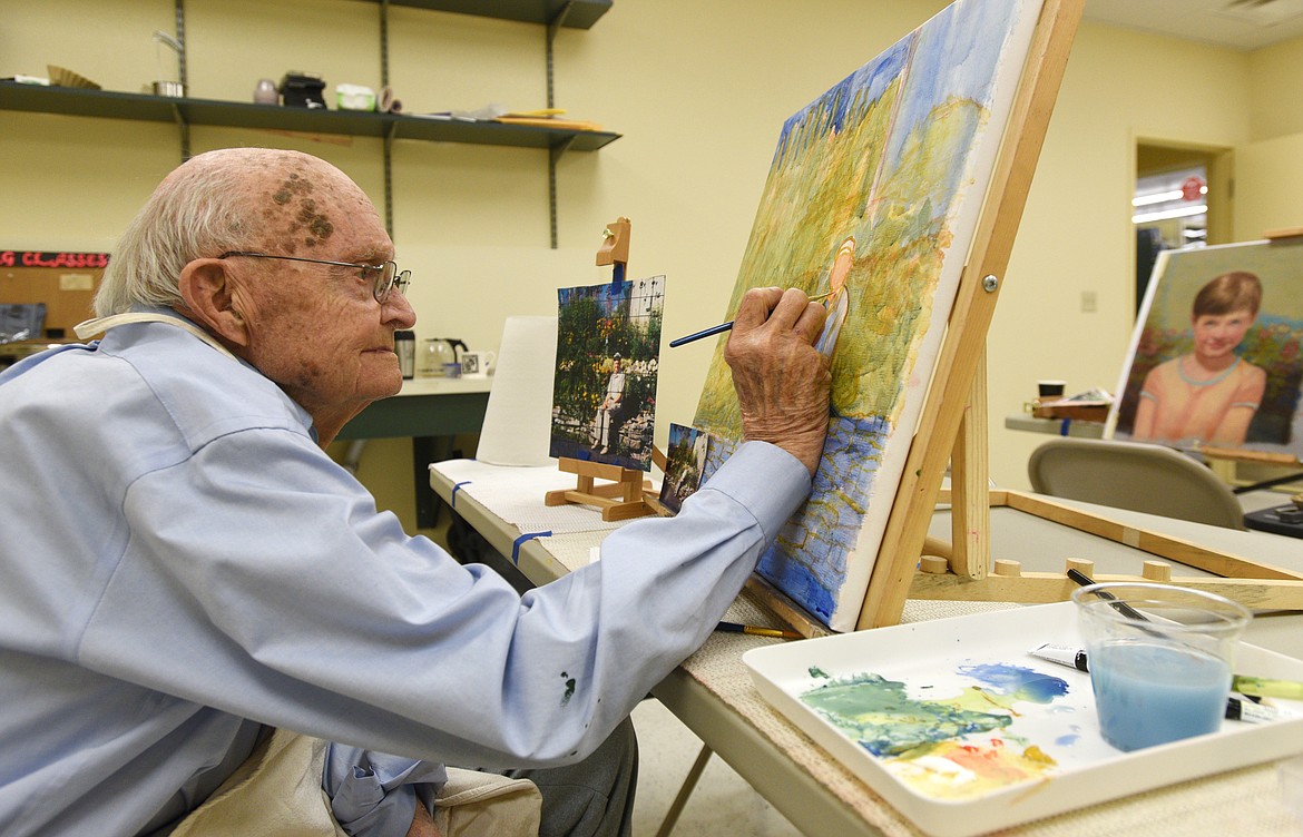 Bob Martens works on a self portrait during class at the Hobby Lobby in Kalispell on Saturday. (Aaric Bryan/Daily Inter Lake)