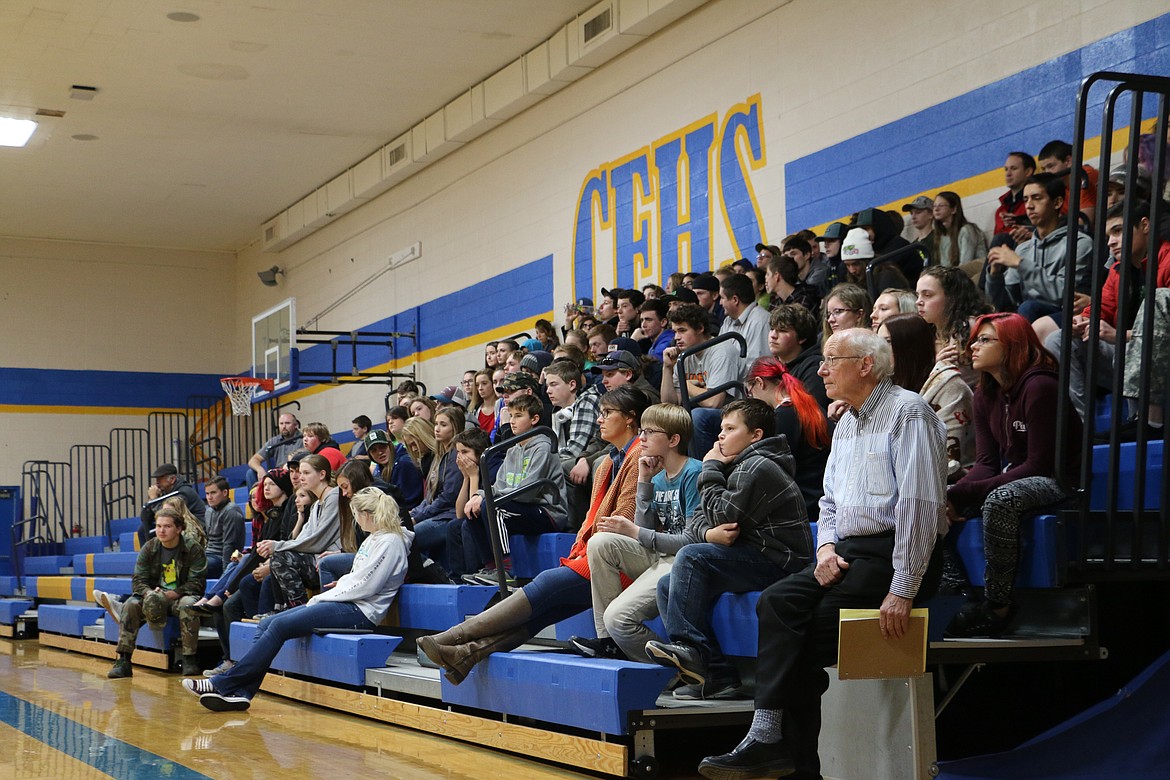 (Photo by MARY MALONE)Clark Fork Junior/Senior High School students gathered in the gym Wednesday where they heard a presentation about stepping up and doing the right thing by Big Mouth Presentations.