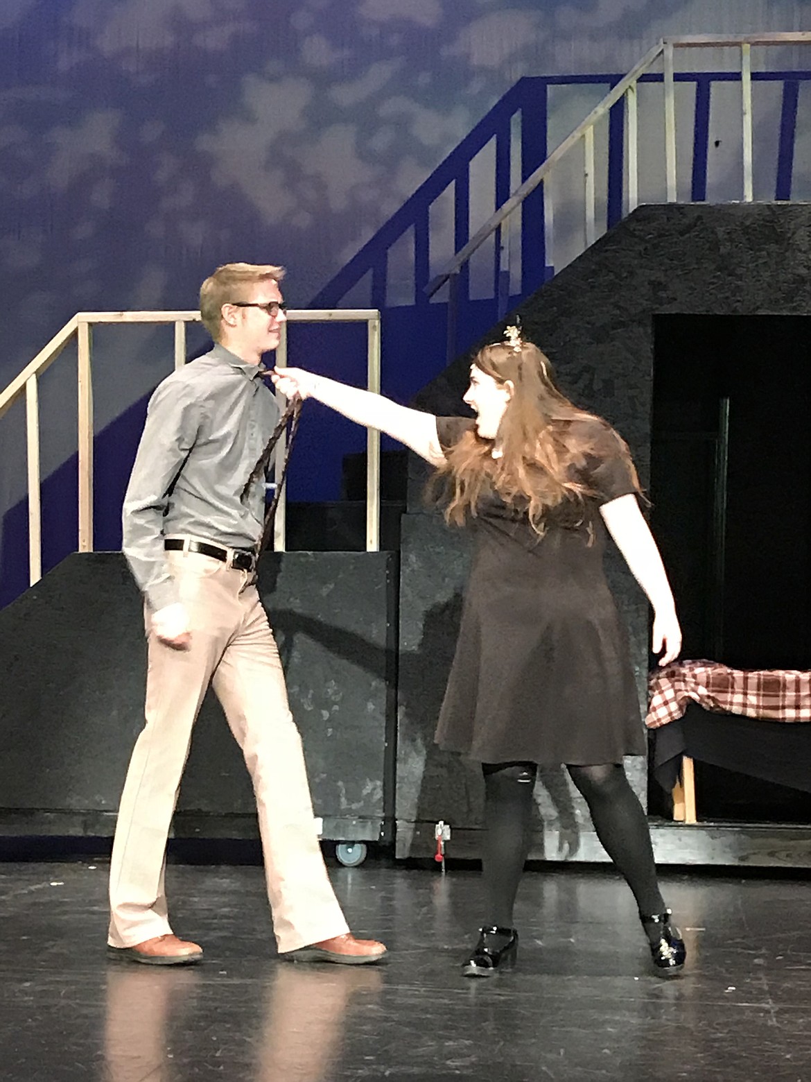 Courtesy photo
Gomez (Deacon Garza) gives some advice to his daughter Wednesday (Claire Smith) in the Moses Lake High School production of &#145;The Addams Family,&#146; opening Friday.