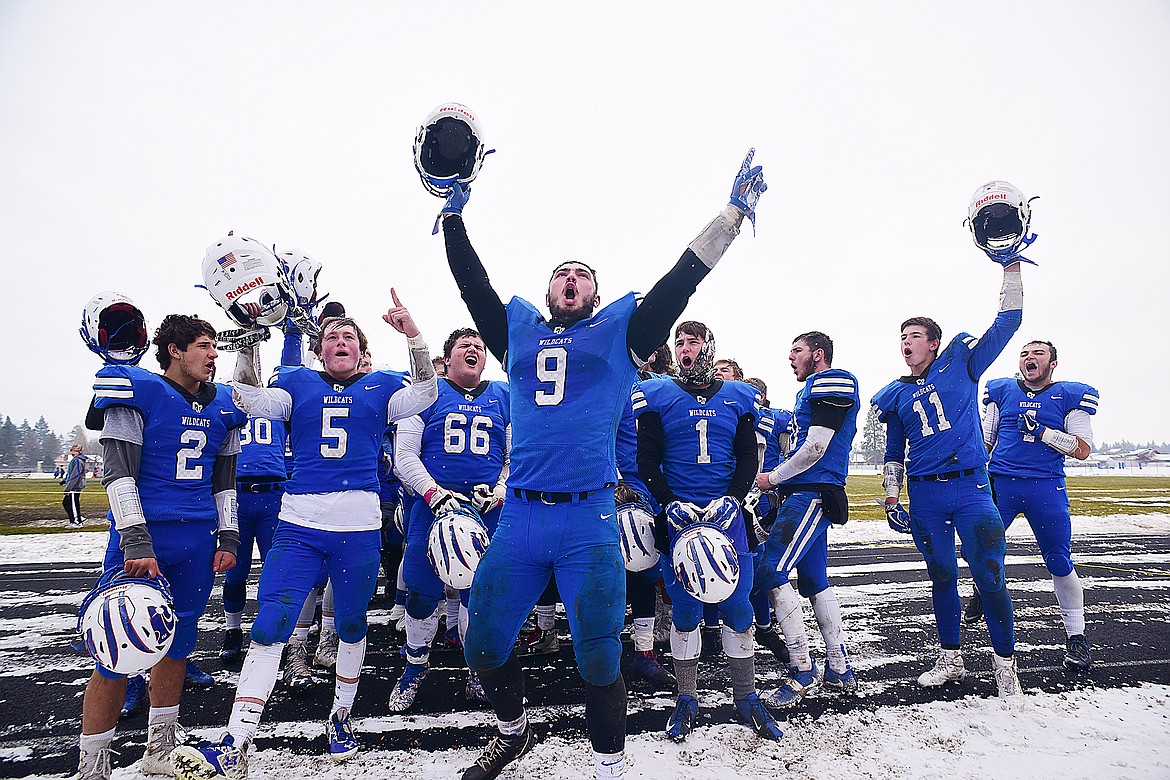 Logan Kolodejchuk (9) cheers to the crowd after the Cats dropped Miles City 48-8.