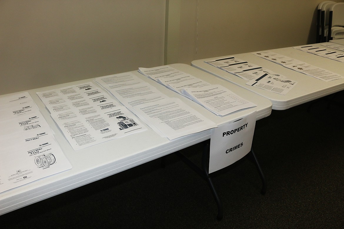 Photo by Mandi Bateman
Pamphlets lines the tables, all categorized, for easy access for people who came by on &#147;A Night Out Against Crime&#148; put on the the Boundary County Sheriff&#146;s Office.