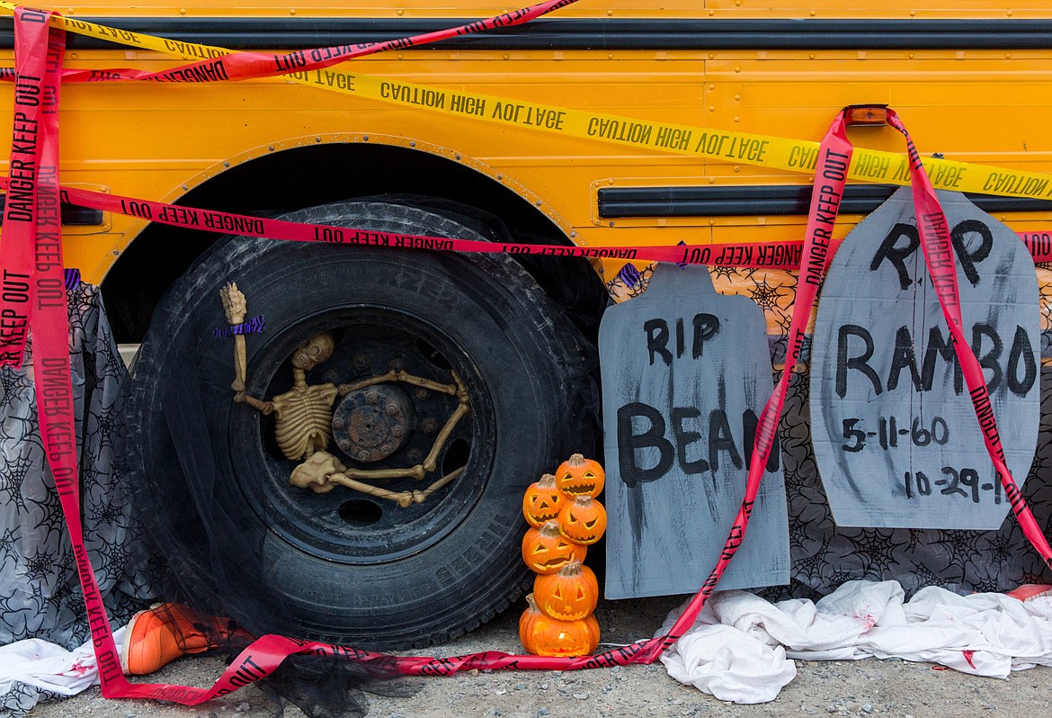 Decorations adorn a haunted bus at the trunk or treat event held Tuesday in Libby. (John Blodgett/The Western News)
