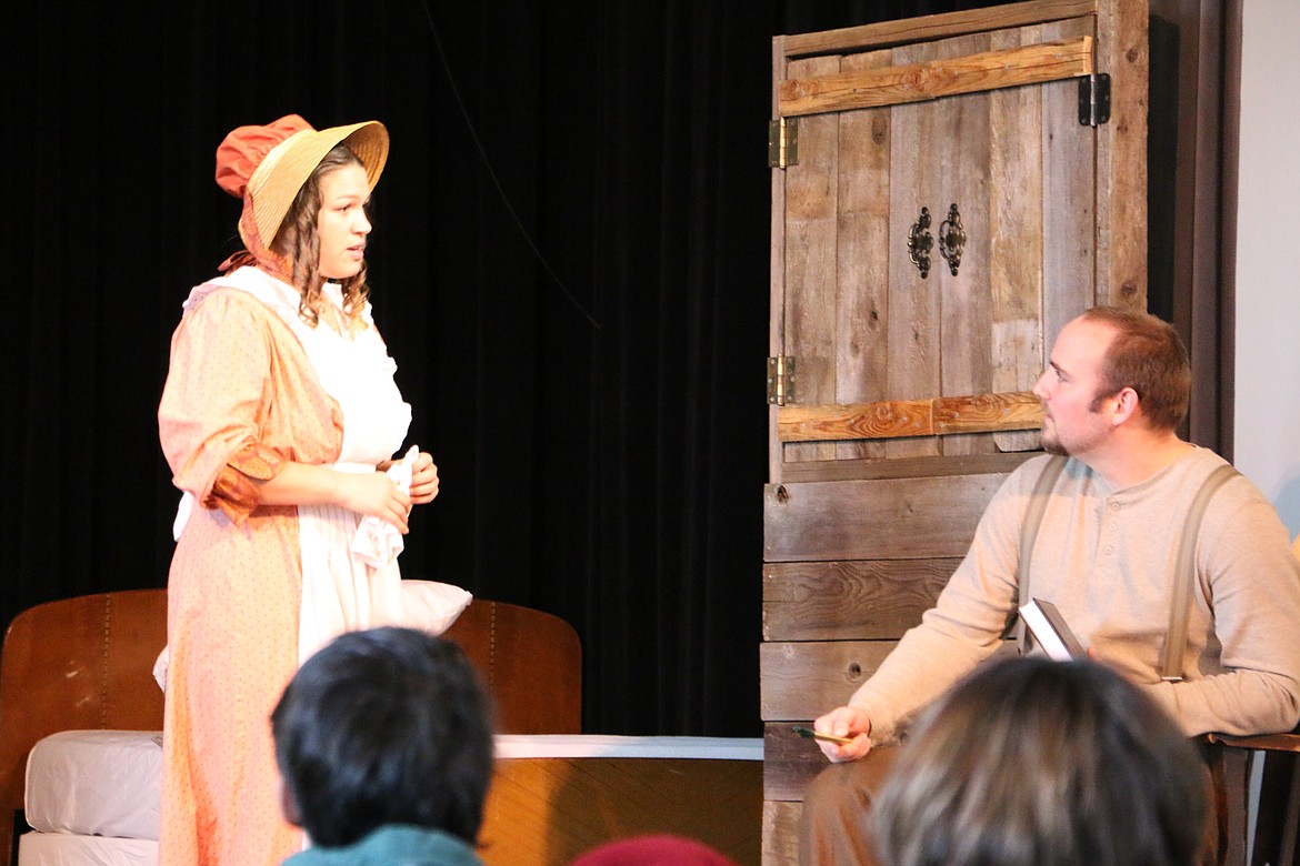 (Photo by MARY MALONE)
Local actors Nicole Buratto, left, and Mike Clarke, right, are performing as Rachel Stuers and Henry David Thoreau in a production of the play, &quot;Walden: The Ballad of Thoreau,&quot; at the Heartwood Center. The play is a collaboration between the Pend Oreille Arts Council and Unknown Locals Productions. The final production is tonight at 6:30 p.m.