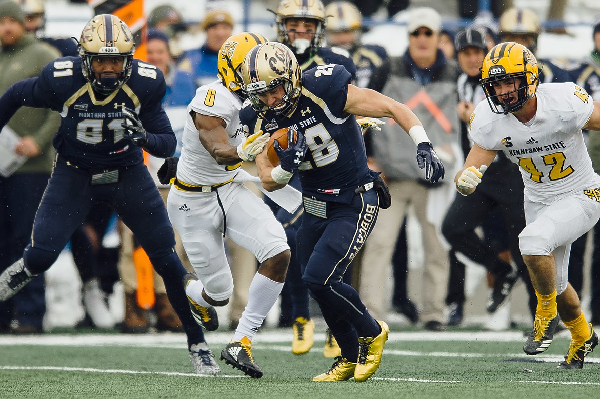 Montana State running back Logan Jones runs the ball against Kennesaw State during the first half of an NCAA college football game at Bobcat Stadium in Bozeman, Mont., Saturday, Nov. 4, 2017. (Adrian Sanchez-Gonzalez/Montana State University via AP)