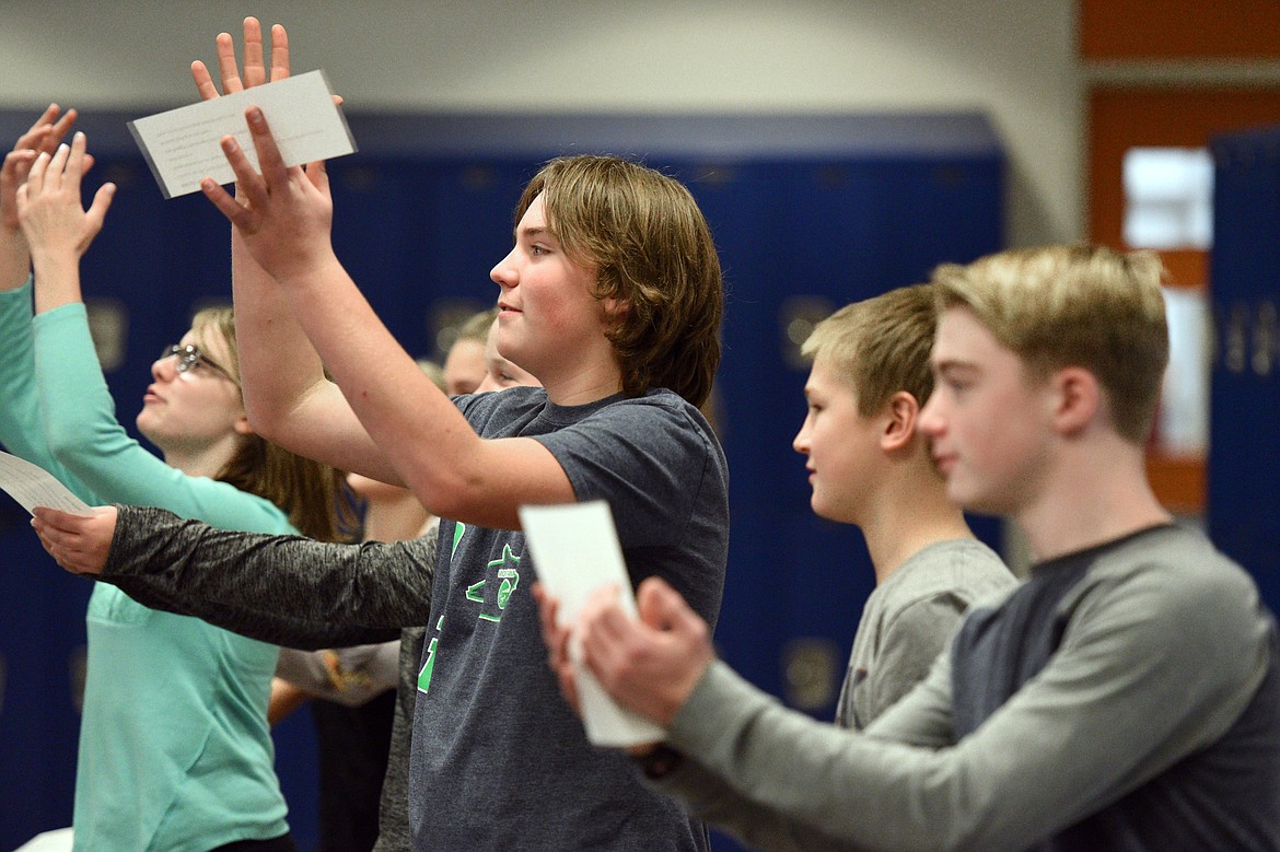 West Valley School student Bridger Jones gestures during a Shakespeare in the Schools workshop on Tuesday, Nov. 14, 2017. (Casey Kreider/Daily Inter Lake)