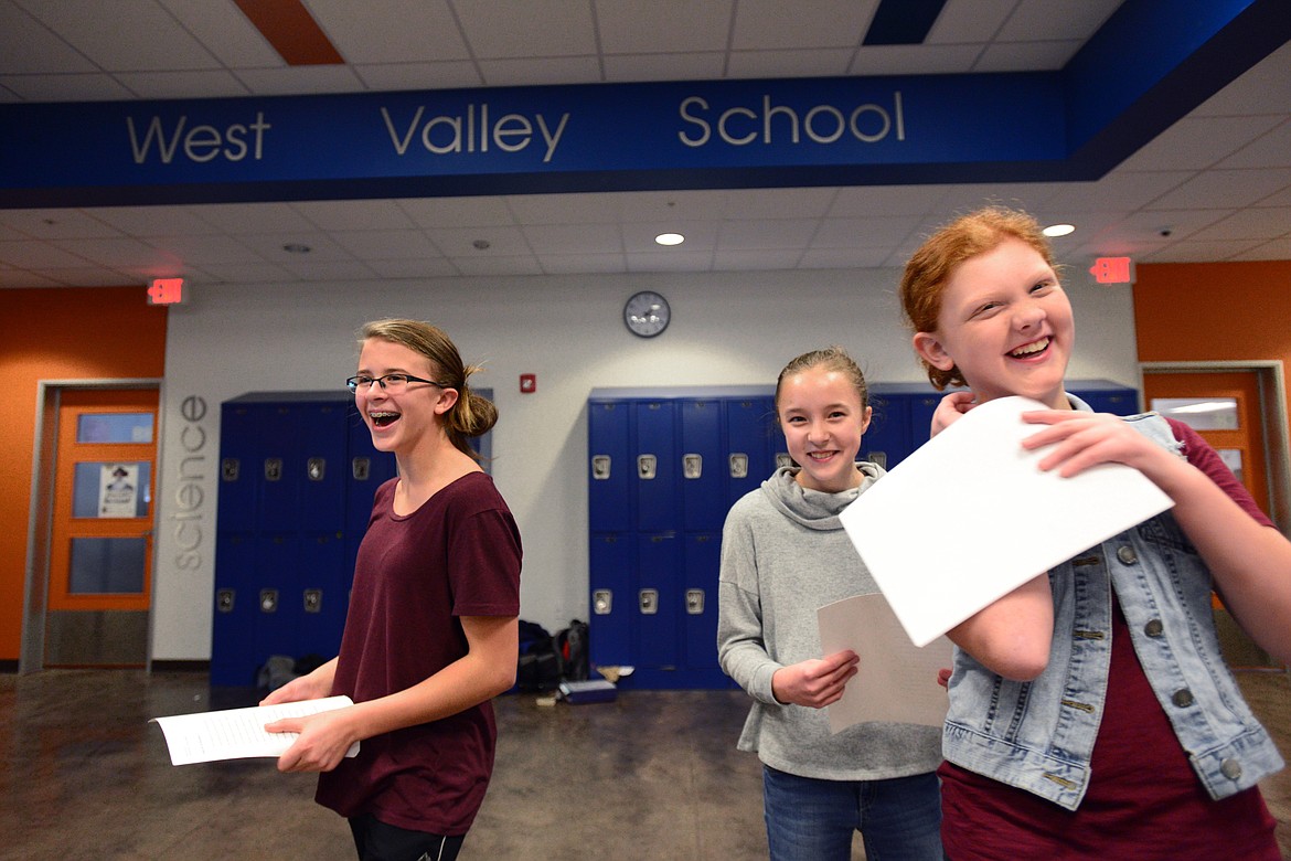 West Valley School students Kayla Davison, Grace Stolfus and Selah Cantrell have fun during a Montana Shakespeare in the Schools workshop in Kalispell on Tuesday, Nov. 14, 2017. (Casey Kreider/Daily Inter Lake)