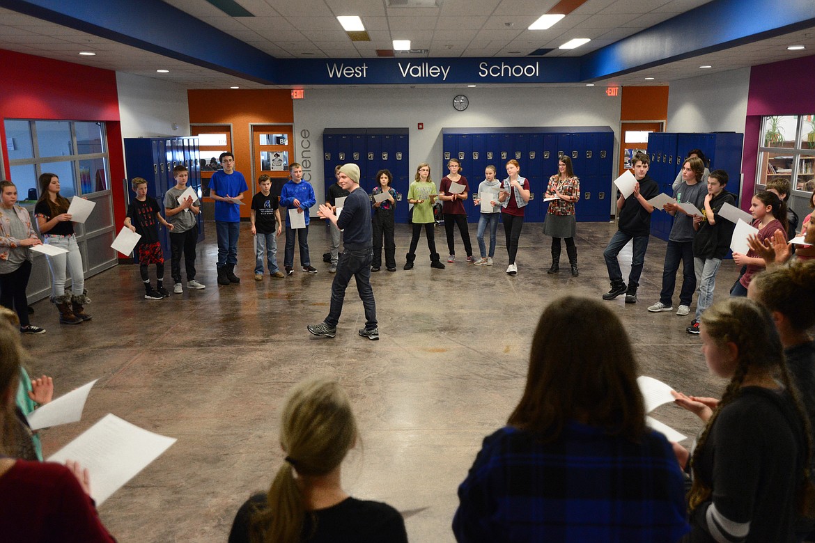 Ben Barker, an actor with Montana Shakespeare in the Schools, instructs students during a workshop at West Valley School on Tuesday, Nov. 14, 2017.
