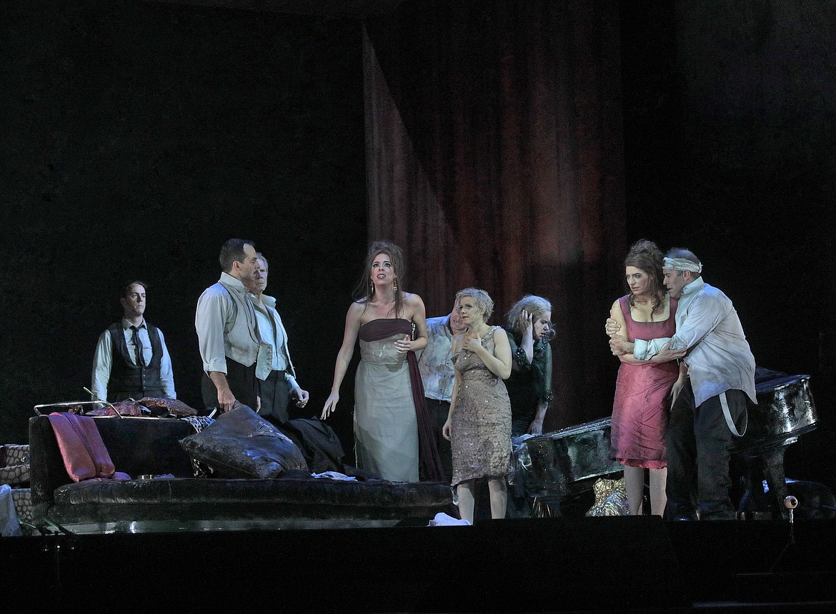 Christian Van Horn as Julio, David Adam Moore as Col. &Aacute;lvaro G&oacute;mez, Rod Gilfry (partially hidden) as Alberto Roc, Audrey Luna as Leticia Maynar, Iestyn Davies (mostly hidden) as Francisco de &Aacute;vila, Sally Matthews as Silvia de &Aacute;vila, Alice Coote as Leonora Palma, Amanda Echalaz as Lucia de Nobile, and Joseph Kaiser as Edmundo de Nobile in Ad&egrave;s&#146; &#147;The Exterminating Angel.&#148;