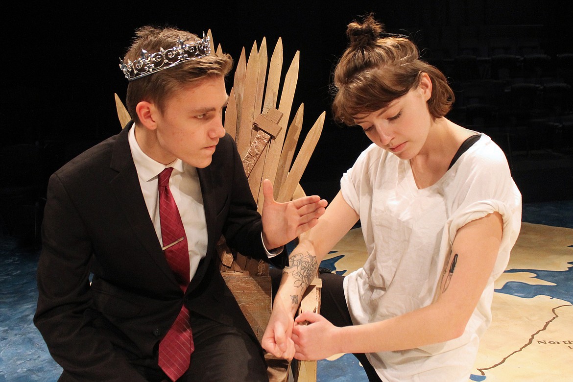 King Henry IV, played by Aidan Fritz chastises Prince Henry, played by Caitlyn Goeman in Henry IV. (Courtesy photo)