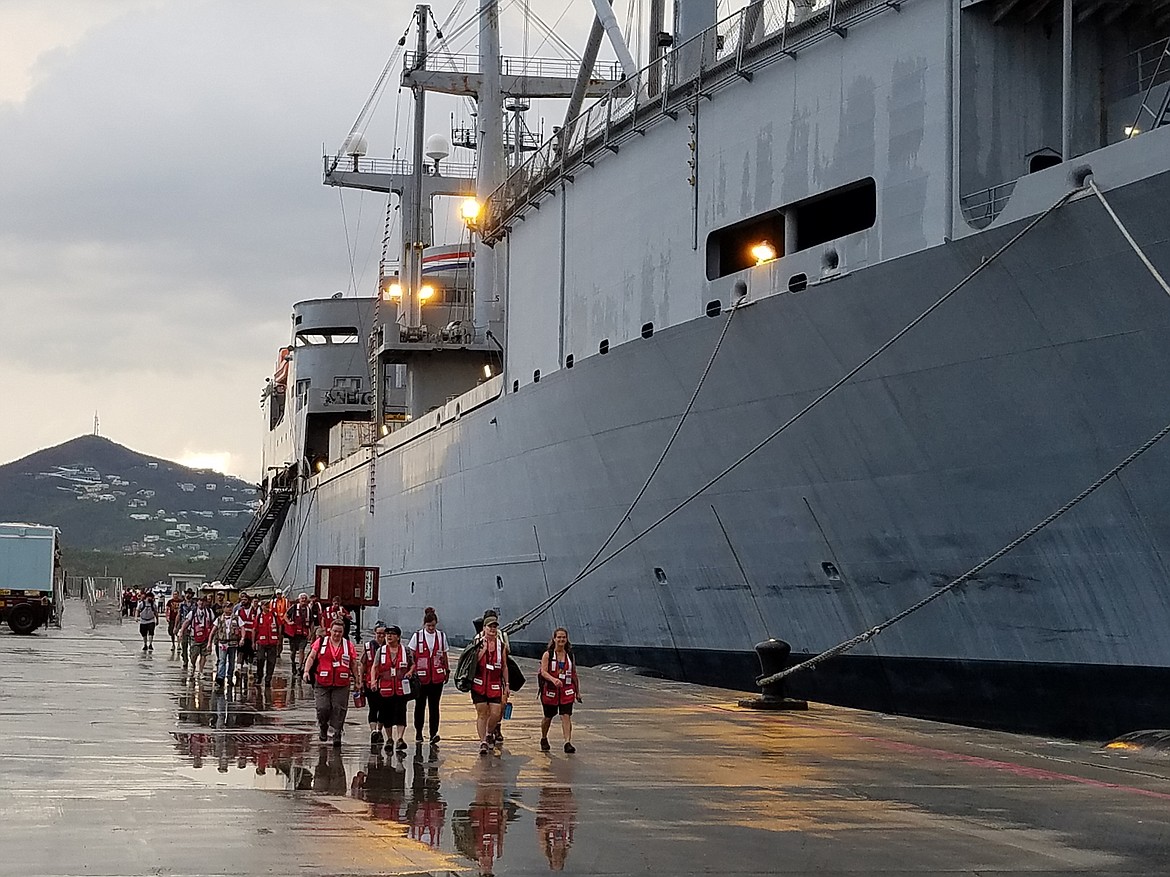 Red Cross volunteers depart the U.S.S. Wright on Oct. 6, headed to their assignments on St. Thomas in the U.S. Virgin Islands. (Photo courtesy of Ted Koenig)