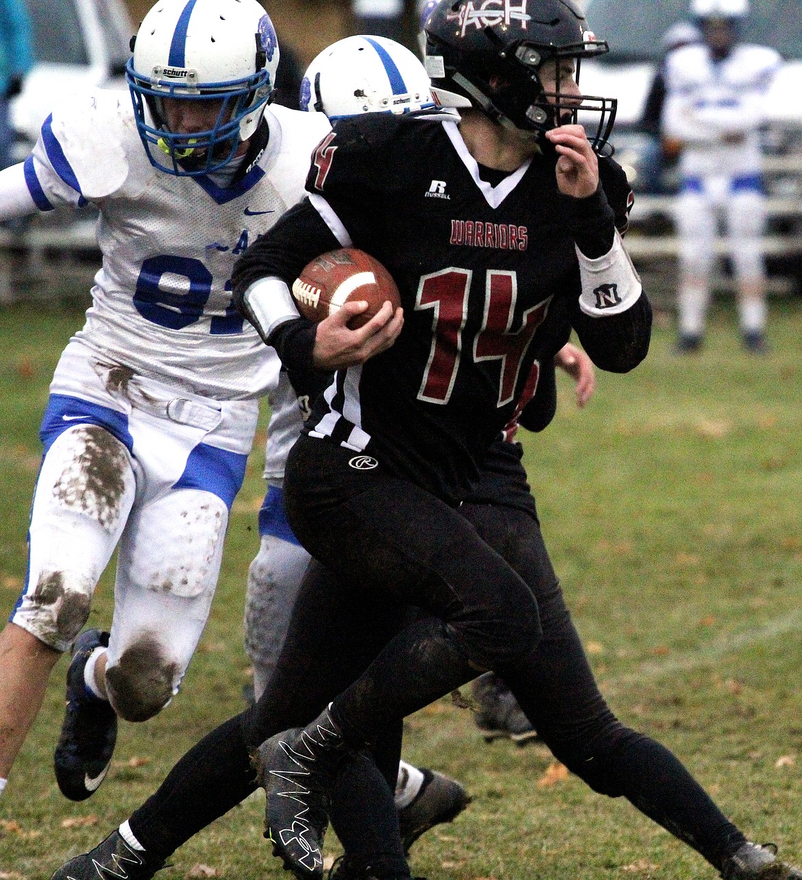 Rodney Harwood/Columbia Basin Herald 
Almira/Coulee-Hartline quarterback Maguire Isaak (14) rushed for three touchdowns and passed for five last week. He is expected to lead the Warriors against Naselle on Saturday in the 1B quarterfinals.