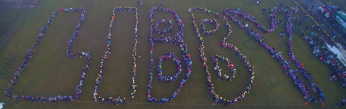 Libby students on Tuesday spell out the name of their home city for the benefit of a drone operated by Byron Sanderson. (Photo by Byron Sanderson)