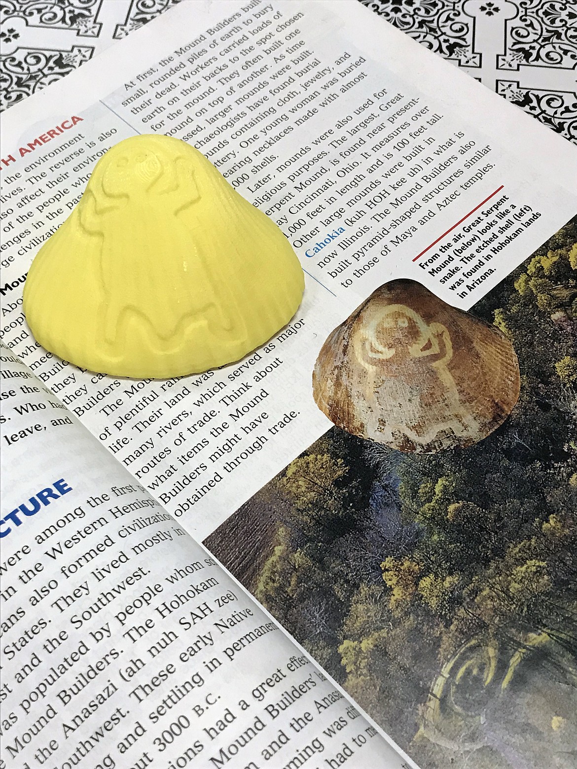 Students are able to handle ancient artifacts through modern-day 3-D printing technology. Using a photograph from their textbook, the class made a 3-D replica of an etched shell found on land where the Hohokam (prehistoric Indians) lived, which is now present-day Arizona.