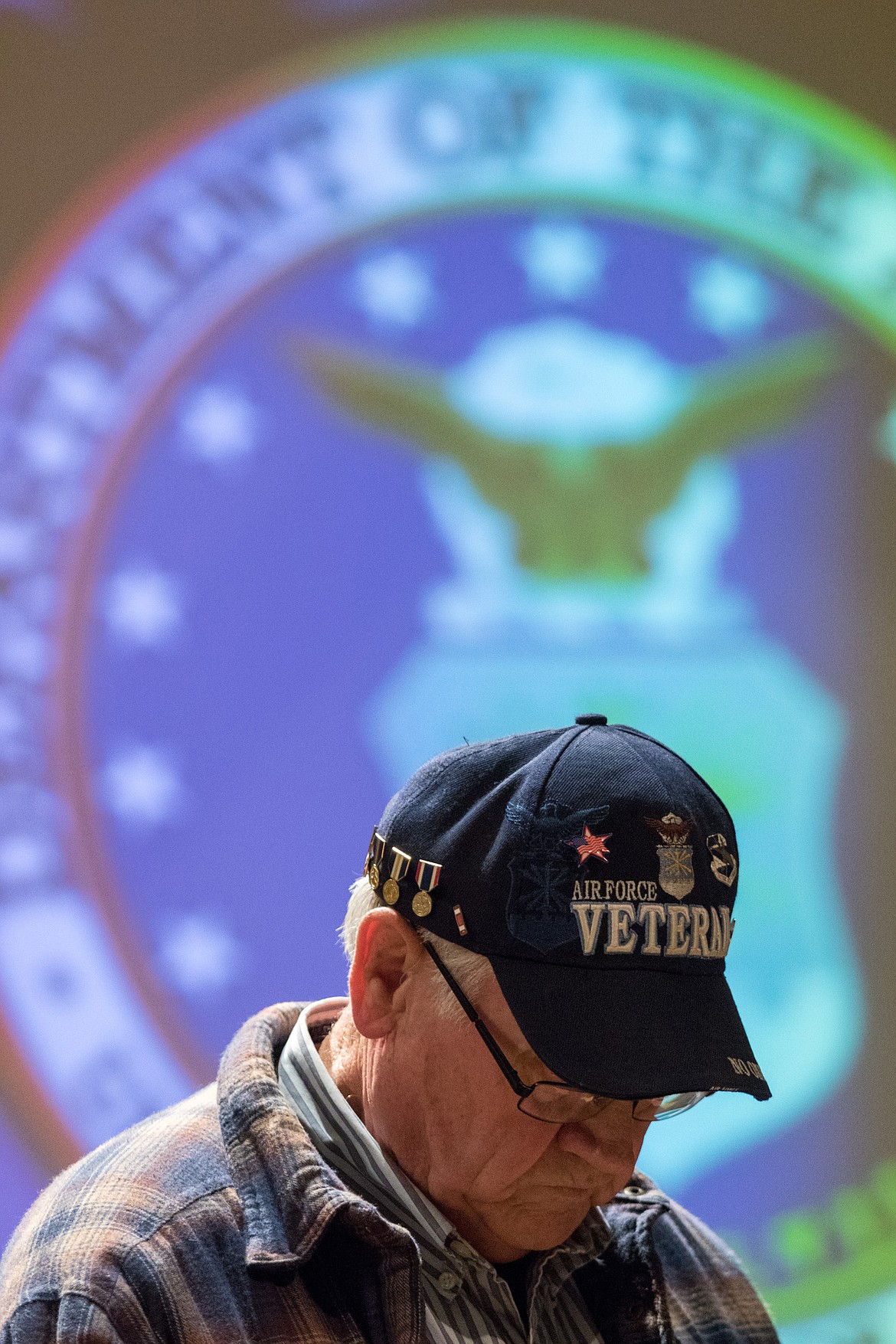 U.S. Air Force veteran Don Wegner stands with fellow veterans during a Kootenai Valley Christian School program at Libby Christian Church on Friday, Nov. 10, 2017. (John Blodgett/The Western News)