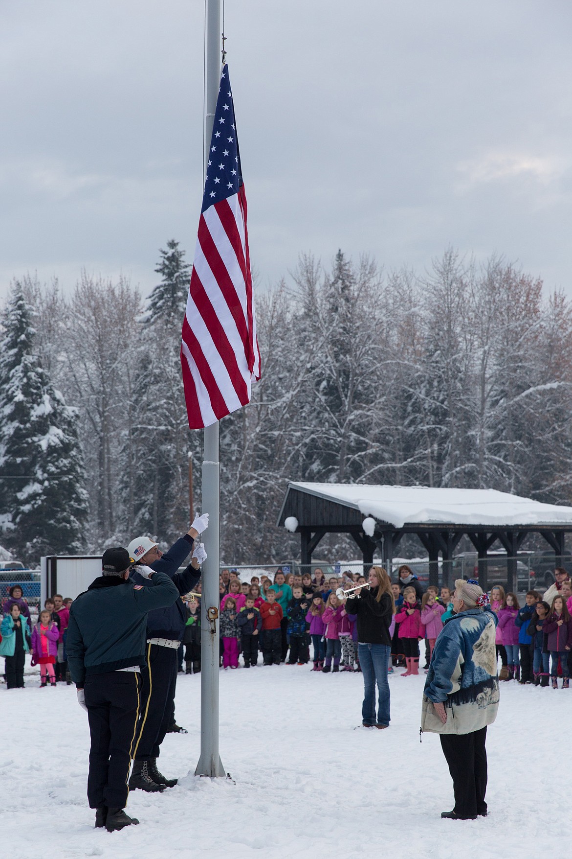 Libby Elementary School students filed outside in honor of Veterans Day a day early on Friday, Nov. 10, 2017. (John Blodgett/The Western News)