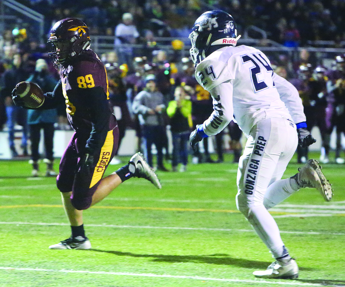 Connor Vanderweyst/Columbia Basin Herald
Moses Lake wide receiver Brandon Stevens scores the first of his two touchdowns against Gonzaga Prep.