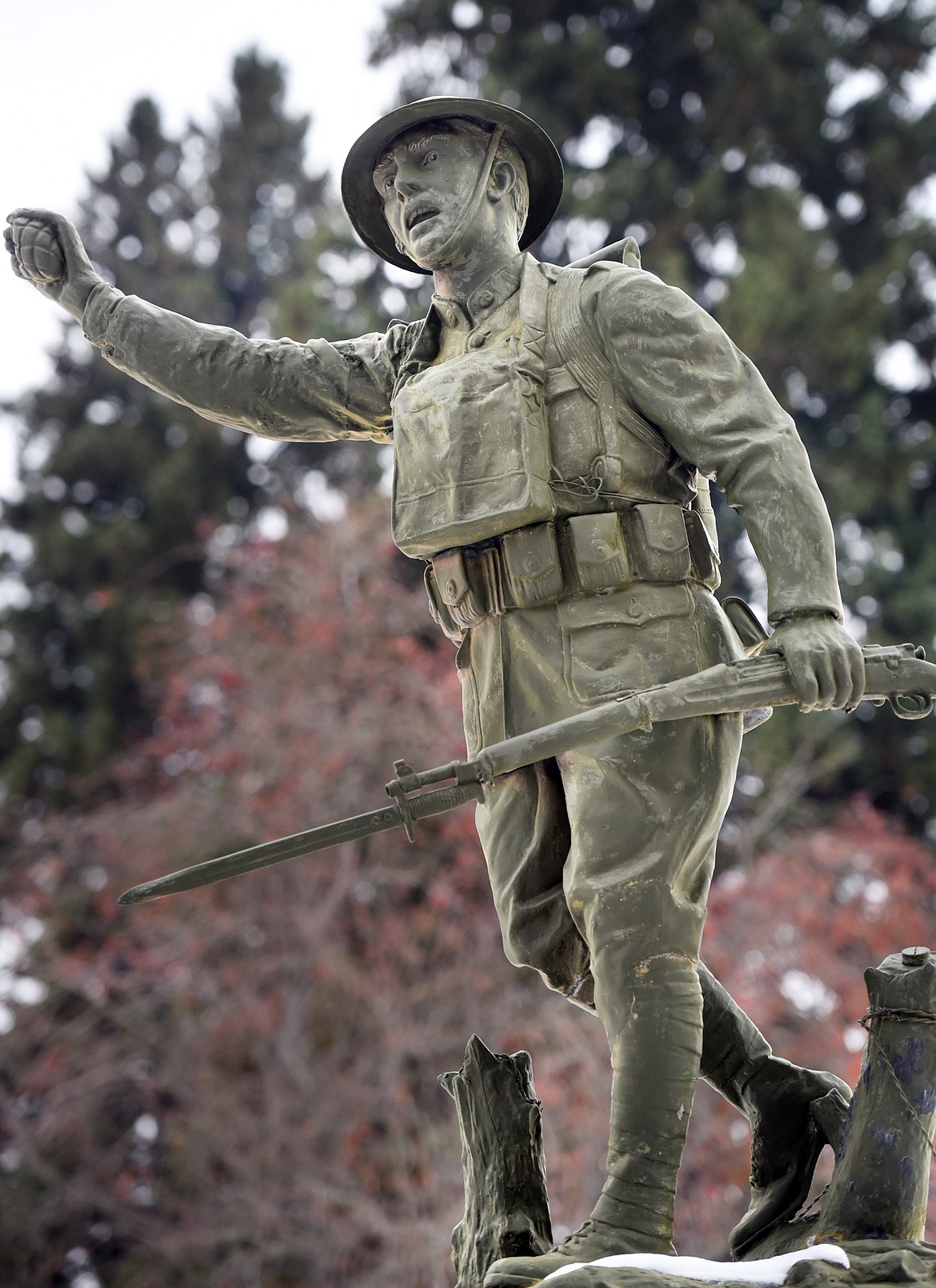 E. M. Viquesney&#146;s statue &#147;The Spirit of the American Doughboy&#148; stands outside the Montana Veterans Home in Columbia Falls. The inscription on the plaque reads: &#147;Dedicated to the memory of our comrades who entered the service of their country from Flathead County and who gave their lives in the World War. Presented by Flathead Post No. 7 American Legion. Nov. 11, 1928.&#148; (Brenda Ahearn/Daily Inter Lake)