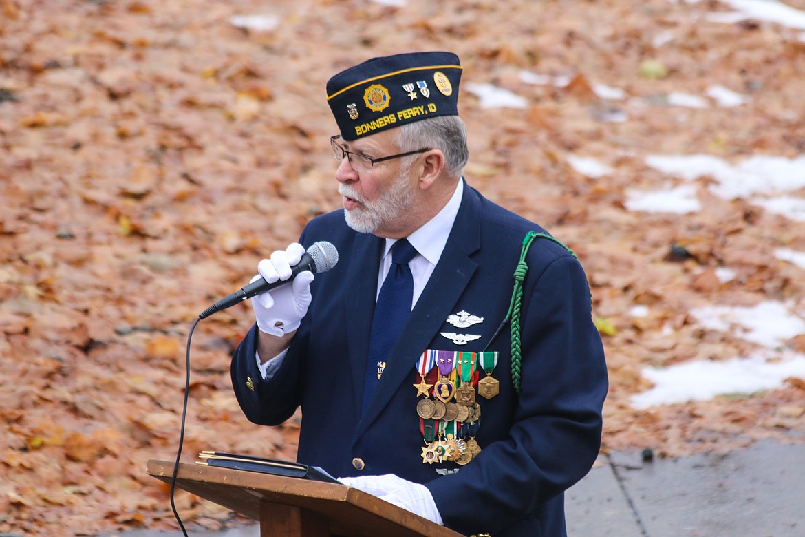 Photo by Mandi Bateman
Ken Toline addresses the audience at the Veteran&#146;s Day ceremony on November 11.