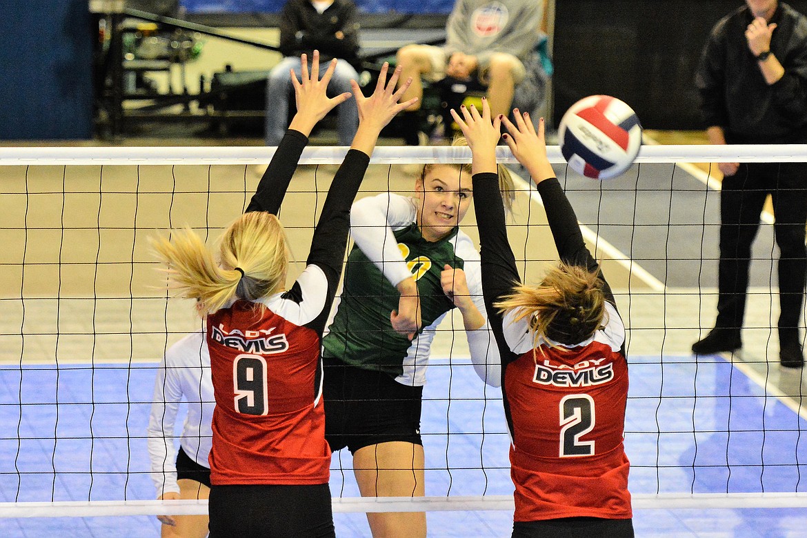 Cailyn Ross nails the ball at the net during the Class A State Tournament last week. (Jeff Doorn photo)