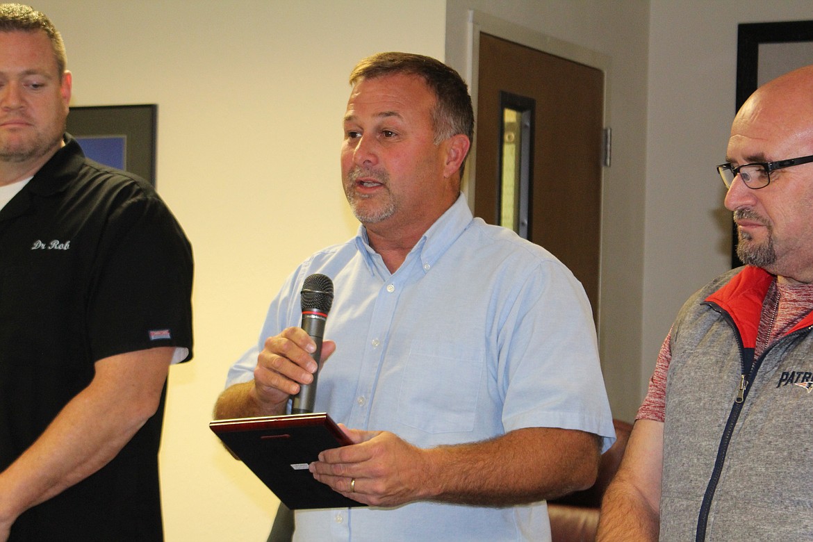 Cheryl Schweizer/Columbia Basin Herald
Outgoing Othello School Board member Stewart Hilmes was recognized for his 13 years on the board at Monday&#146;s meeting.