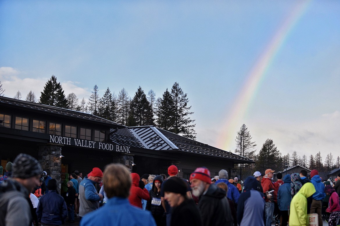 A rainbow arches on the horizon as participants await the start of the Whitefish Turkey Trot on Thursday morning, Nov. 23. (Casey Kreider/Daily Inter Lake)
