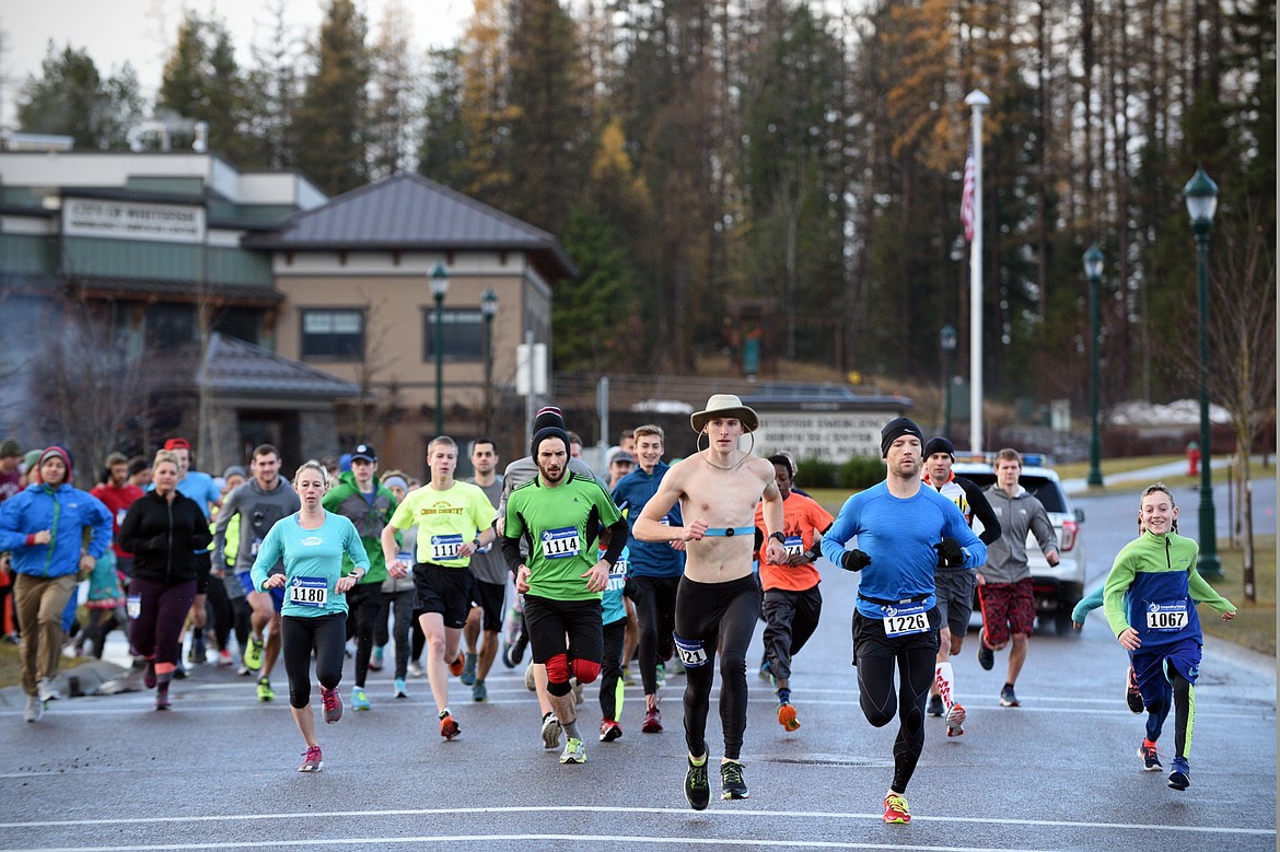 Participants start the Whitefish Turkey Trot on Thursday morning, Nov. 23. (Casey Kreider/Daily Inter Lake)