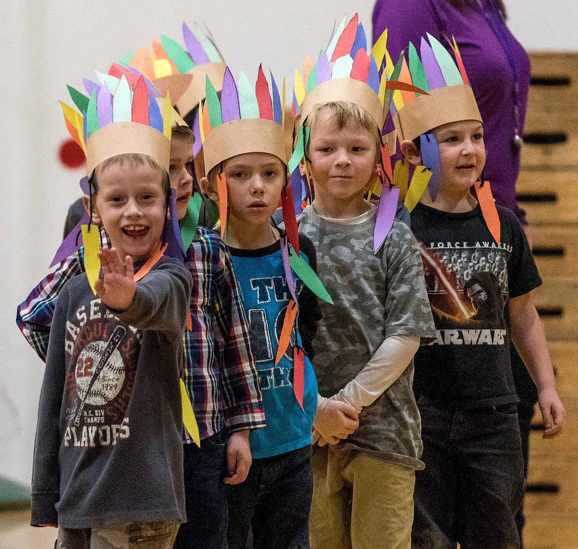 Libby first-graders wave at family members before Tuesday&#146;s performance. (John Blodgett/The Western News)