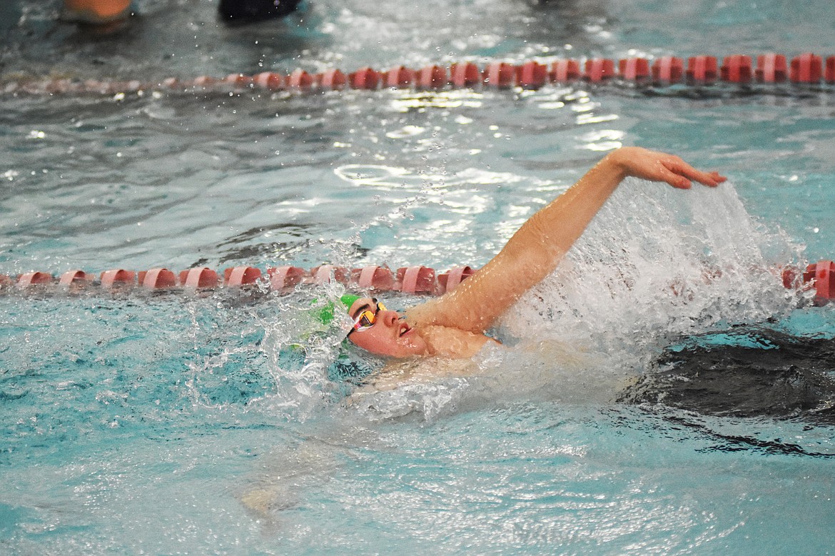 Kyiah Ingraham practices his backstroke during practice Monday night at The Wave. (Daniel McKay/Whitefish Pilot)