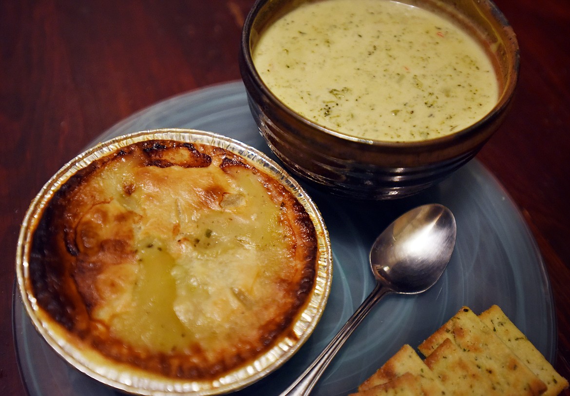 Fresh from the oven a single size Chicken Pot Pie from GreenGo&#146;s made with roasted chicken, carrots, peas, corn, celery, garlic, and onion and a bowl of Broccoli Cheddar Soup which features fresh broccoli and block cheddar in a cream soup.
(Brenda Ahearn/Daily Inter Lake)