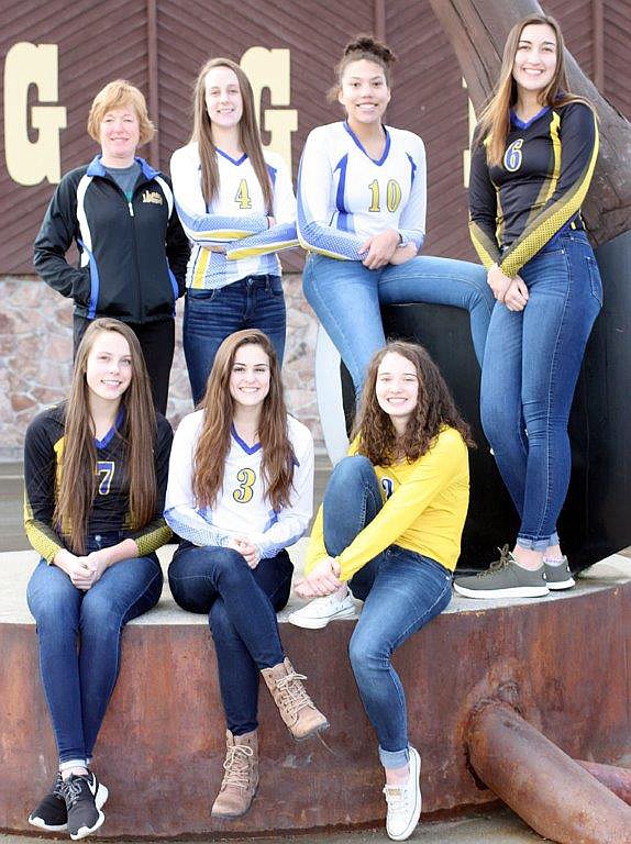 Libby High School volleyball coach Cindy Ostrem-Johnston has announced her team’s All Conference Selections. Pictured in the front row, from left to right, are Emily Mossburg (Senior MH), Honorable Mentioned All Conference; Alli Collins (Junior Setter), First Team All Conference; and Emma Gruber (Junior Libero), 2X Second Team All Conference. Pictured in the back row, from left to right, are Ostrem-Johnston, District Coach of the Year; Jayden Winslow (Junior OH), All State and 2X First Team All Conference and District MVP of the Year; Mehki Sykes (Junior MH), 3X All State and 3X First Team All Conference; and Brooklyn Rainer (Senior OH), 2X All State and 2X First Team All Conference. (Courtesy photo)