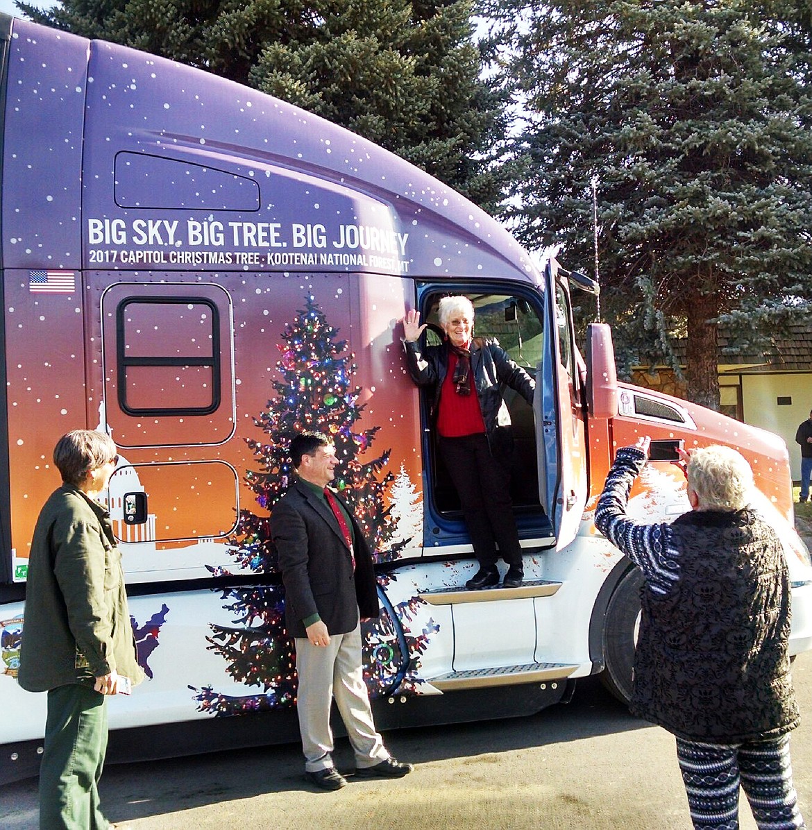 Donna Redmond steps out of the Big Sky Kenworth as she and Larry arrive in front of Plains Public Schools to meet the locals with the &#145;Peoples Tree&#146; (Clark Fork Valley Press)