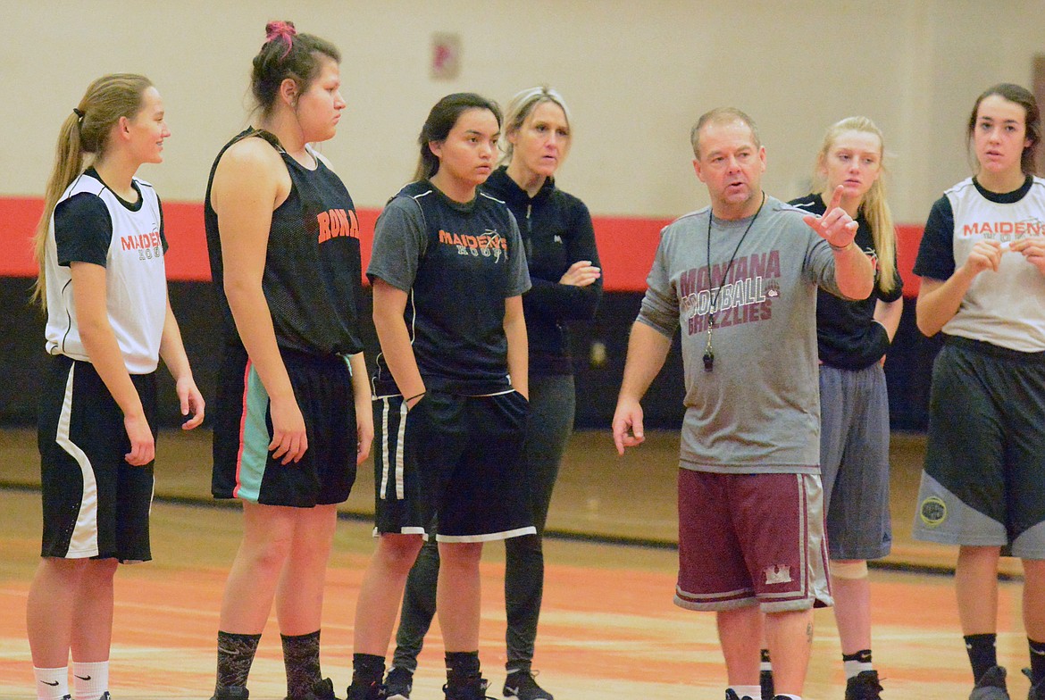 RONAN MAIDENS coach Steve Woll instructs his team during their second official practice Saturday afternoon at the Ronan Events Center. Woll, will replace former Maidens&#146; coach Ron Hanson, as the new head coach of the Ronan Maidens for the 2017-2018 season. (photo by Jason Blasco/Lake County Leader)