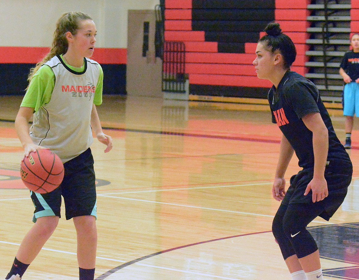 RONAN MAIDEN player Micalann McCrea guards her teammates during the Maidens&#146; second official practice Saturday morning at the Ronan Events Center. (Jason Blasco/Lake County Leader)